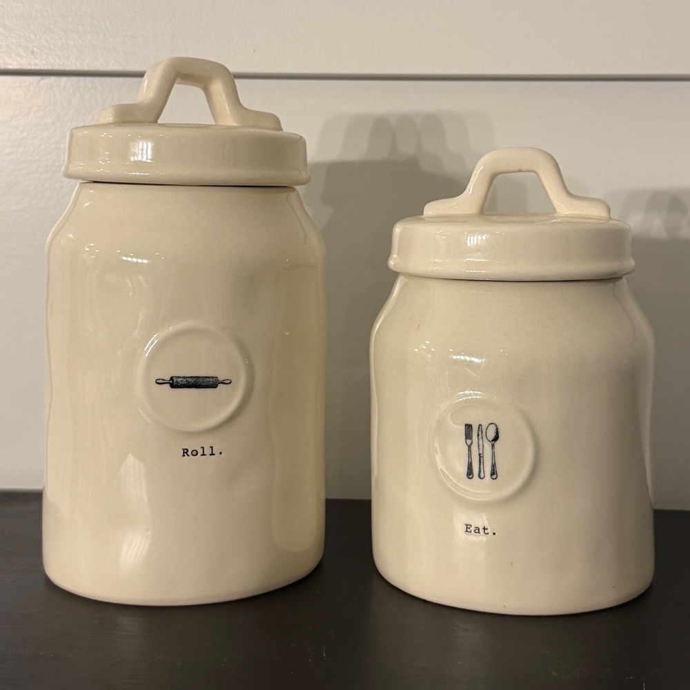 Rae Dunn Artisan Collection "Roll" and "Eat" Icon Ceramic Canister 2-Piece Set